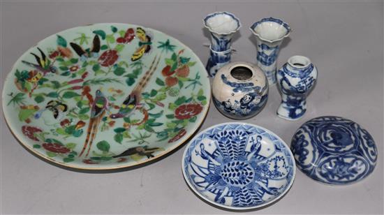 Canton Celadon plate & various blue & white ceramics